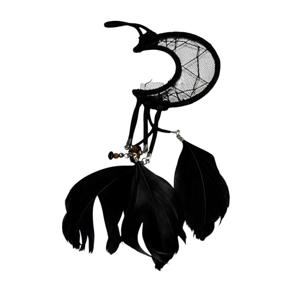 Black Crescent Moon Dream Catcher Black Feathers Boho Gothic Decor - Picture 7 of 8